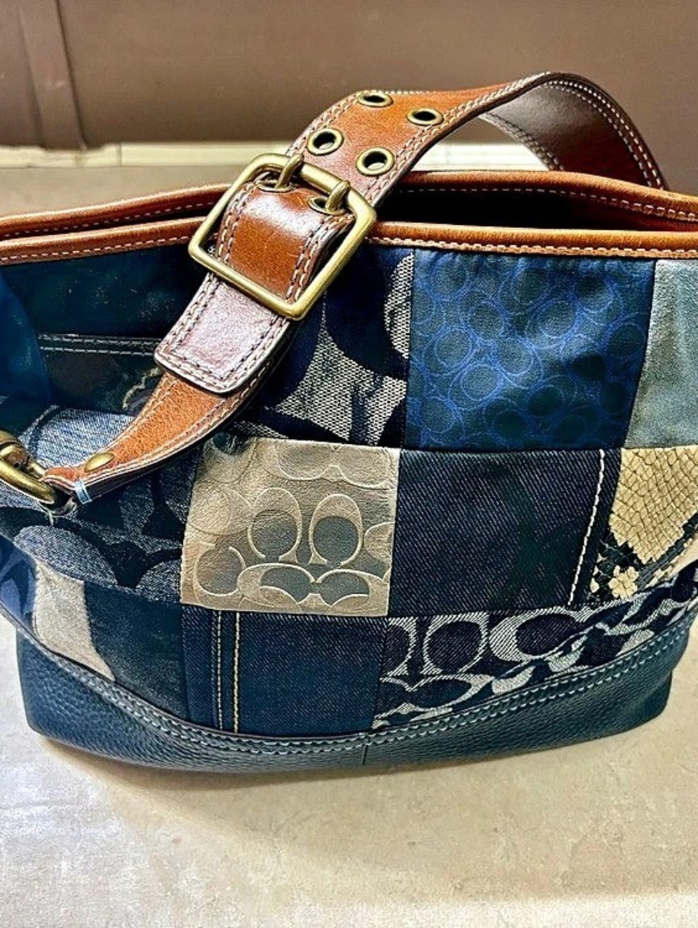 Coach Vintage Denim Patchwork Shoulder Bag Blue & Brown